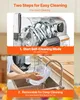 The image shows two steps for cleaning a slush machine. The top image shows the machine in self-cleaning mode with water inside. The bottom image shows a person rinsing a removable part of the machine in a sink. Produktbild-Vorschau