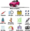 A collage of icons and text describing the features of a pink toy car, with a picture of the car at the top. Produktbild-Vorschau