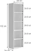 A white, five-shelf bookcase with dimensions indicated by measurement lines and text. Anteprima dell’immagine prodotto