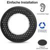 A close-up of a headphone earpad with accompanying marketing text and icons. Produktbild-Vorschau