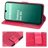 A collage of images showing a red flip case for a Samsung Galaxy A16 5G phone, with close-ups of the embossed mandala pattern and the magnetic clasp. Produktbild-Vorschau