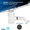 A white plastic plumbing fitting with accessories is displayed against a white and blue background. Produktbild-Vorschau