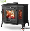 A black cast iron wood-burning stove with a fire burning inside, shown from a front-diagonal angle on a white background. Náhľad obrázku produktu