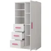 A white children's bookshelf with pink drawer pulls and a pink door handle, shown against a white background. Produktbild-Vorschau