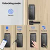 A collage showing different unlocking modes of a smart lock, including fingerprint, app, IC card, passcode, and key. Podgląd zdjęcia produktu