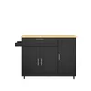 A black kitchen island with a wooden countertop and a drawer pulled out. Náhled obrázku produktu