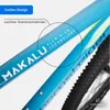 Close-up of a blue bicycle frame with text overlays highlighting features. Produktbild-Vorschau