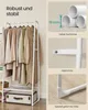 A collage showing a white garment rack with clothes and storage, along with close-ups of its features. Produktbild-Vorschau