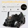 A black Lamborghini-style electric ride-on car for children, with its doors open, showcasing various features with icons and text overlays. Voir les images du produit