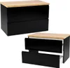 Two images of a black bathroom cabinet with a wooden top. One image shows the cabinet closed, and the other shows it with two drawers open. Anteprima dell’immagine prodotto