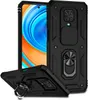 A black phone case with a sliding camera cover and a ring holder is shown, with a phone partially visible behind it. Produktbild-Vorschau