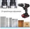 A collage of a cordless drill, its torque adjustment settings, and various materials it can be used on, along with a numerical scale indicating torque settings. Náhled obrázku produktu