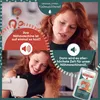 A collage advertising sewing machine oil, featuring two images of a woman with red hair, one looking concerned and the other smiling while using a sewing machine. Text overlays pose a question about a noisy sewing machine and offer the product as a solutio Podgląd zdjęcia produktu