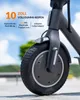 Close-up of an electric scooter wheel with text overlays highlighting features. Produktbild-Vorschau