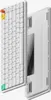 A white mechanical keyboard is shown from a side angle, with some keys highlighted in different colors. Produktbild-Vorschau