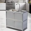 A stainless steel sink unit with storage cabinets below, set in a modern kitchen environment. Produktbild-Vorschau