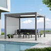 A modern outdoor living space with a pergola, sofa, coffee tables, and a swimming pool. Produktbild-Vorschau
