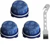 Three blue vacuum cleaner filters and a cleaning brush are arranged on a white background. Produktbild-Vorschau