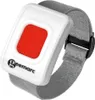 A close-up of a white emergency alert button device with a red button and a gray strap, attached to a wrist. Náhled obrázku produktu