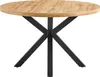 A round dining table with a wooden top and black metal legs, isolated on a white background. Produktbild-Vorschau