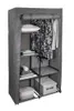 A portable fabric wardrobe with shelves and a hanging rod, filled with folded clothes and a dress. Náhled obrázku produktu