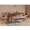 A dining set with a wooden table, two chairs, and a bench on a rug. Náhľad obrázku produktu