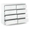 A white, modern dresser with eight drawers, some of which are partially open. Produktbild-Vorschau