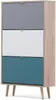 A three-tiered shoe cabinet with different colored doors and wooden legs, shown against a white background. Produktbild-Vorschau
