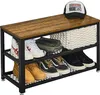 A shoe rack bench with various shoes and a basket on top. Produktbild-Vorschau
