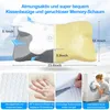 A diagram showing the dimensions and features of an orthopedic pillow, with additional close-up images of the pillow's material and a person using a washing machine. Produktbild-Vorschau