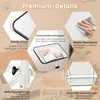 A collage of close-up images highlighting the features of a white rolling side table. Produktbild-Vorschau