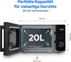 A front view of a black microwave oven with its door open, showing the interior and dimensions. Produktbild-Vorschau
