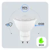 A product image for a LUMILED GU10 LED bulb, showcasing its features and benefits with icons and text. Produktbild-Vorschau