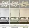 Collage showing a modern ceiling fan light in a bedroom setting with different lighting options. Produktbild-Vorschau