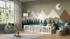 A child's bedroom with a Montessori-style floor bed and mountain-themed wall art. Produktbild-Vorschau