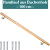 A wooden handrail with metal brackets and screws against a white background. Produktbild-Vorschau
