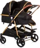 A black and gold double stroller is shown against a white background. Produktbild-Vorschau
