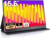 A portable monitor with a colorful abstract background and feature callouts. Produktbild-Vorschau