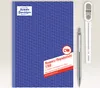 A product shot of a notebook, pen, and a digital measuring device against a light gray background. Produktbild-Vorschau