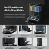 A marketing image showcasing a multifunctional all-in-one station for a robot vacuum cleaner, with multiple close-up views of its features. Produktbild-Vorschau