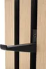 A close-up view of a black hook attached to a wooden panel with black inserts. Produktbild-Vorschau