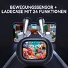 A pair of wireless earbuds and their charging case are displayed in front of a smartphone showing a video game. The charging case has a screen displaying the time and a colorful underwater scene. Produktbild-Vorschau