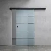 A modern glass sliding door with frosted horizontal stripes, mounted on a concrete wall. Produktbild-Vorschau