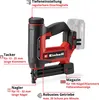 A red and black Einhell cordless nailer with various labels pointing out its features. Produktbild-Vorschau