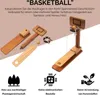 A wooden basketball catapult game with its components laid out, along with icons and text describing its features. Podgląd zdjęcia produktu