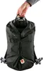 A hand holding the top handle of a black backpack. Produktbild-Vorschau