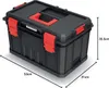 A black and red toolbox with dimensions indicated. Produktbild-Vorschau