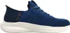 A side view of a single blue Skechers slip-on shoe with a white sole. Voir les images du produit