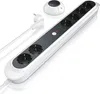 A white and gray power strip with six outlets and a white circular device with a black top, placed on a white background. Produktbild-Vorschau