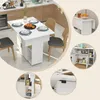 Collage of a white folding dining table and chairs set in a kitchen setting, with close-up shots of the table's features and storage. Voir les images du produit